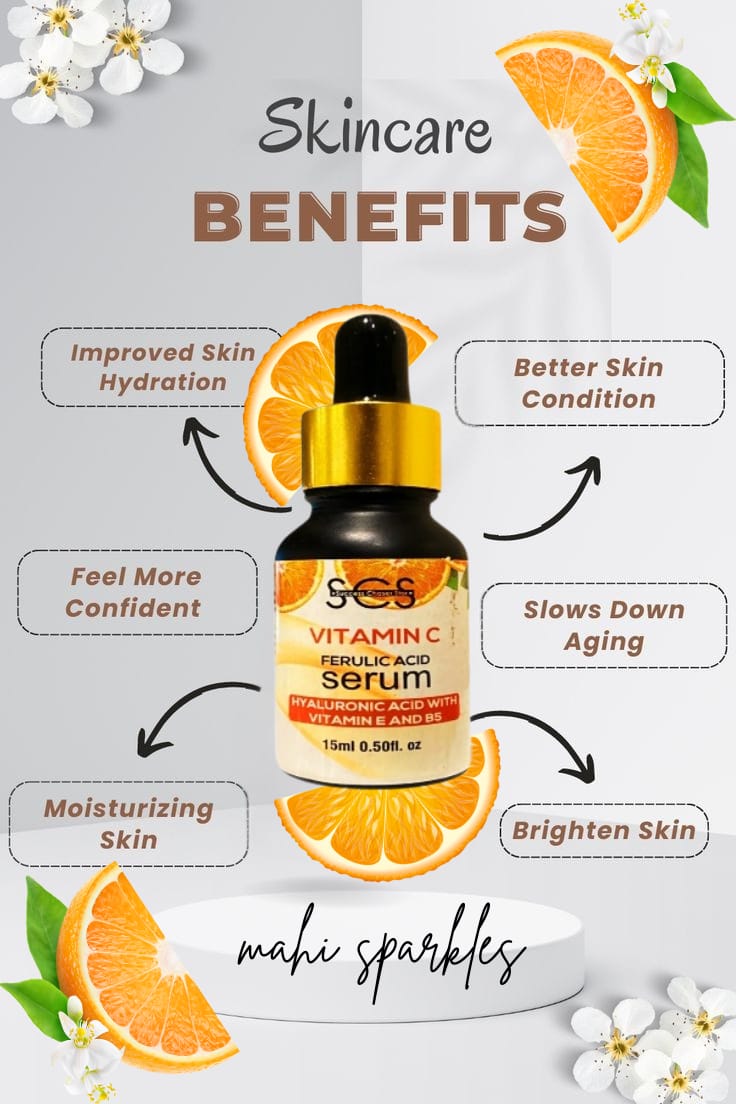 Vitamin C serum bottle with skincare benefits listed, surrounded by oranges and flowers.